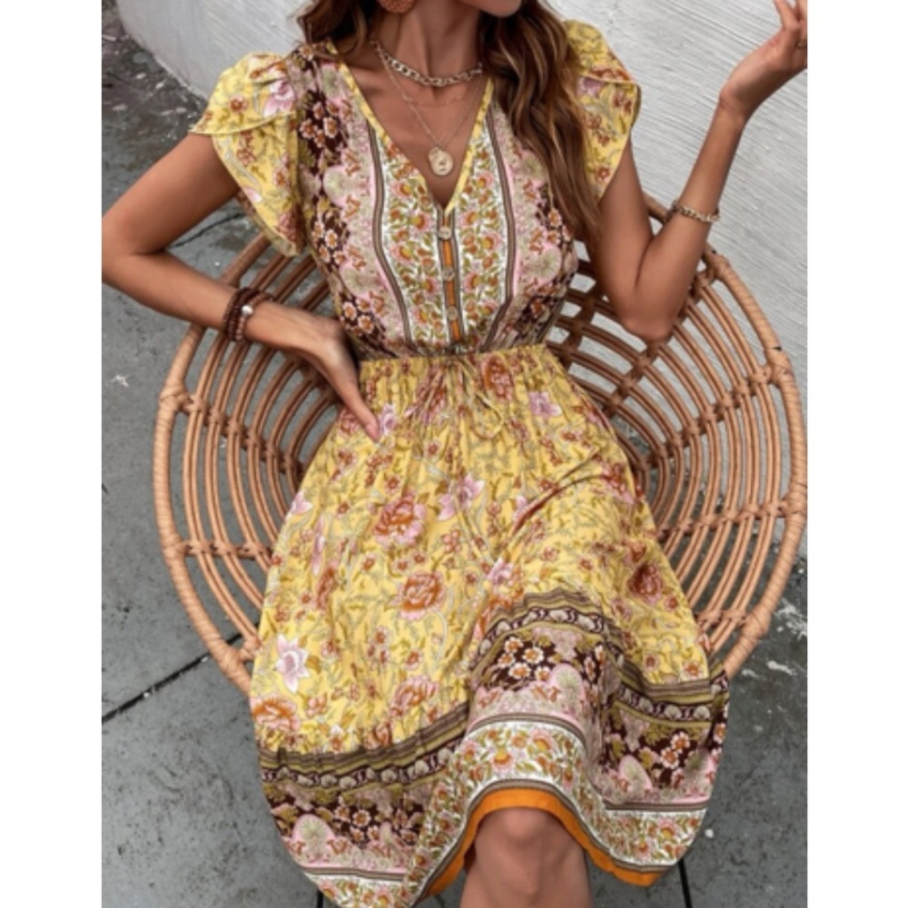 Boho floral print V neck ruffle hem dress - Picture 5 of 7